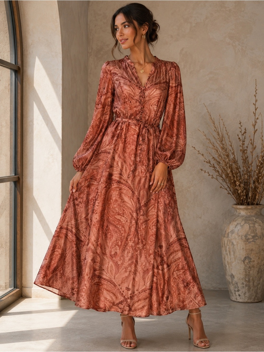 Calypso St. Barth Peach Paisley Long Sleeve Maxi Dress